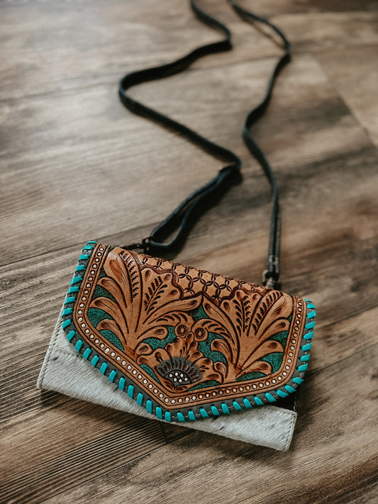 Tooled Crossbody + Wallet w/ Turquoise