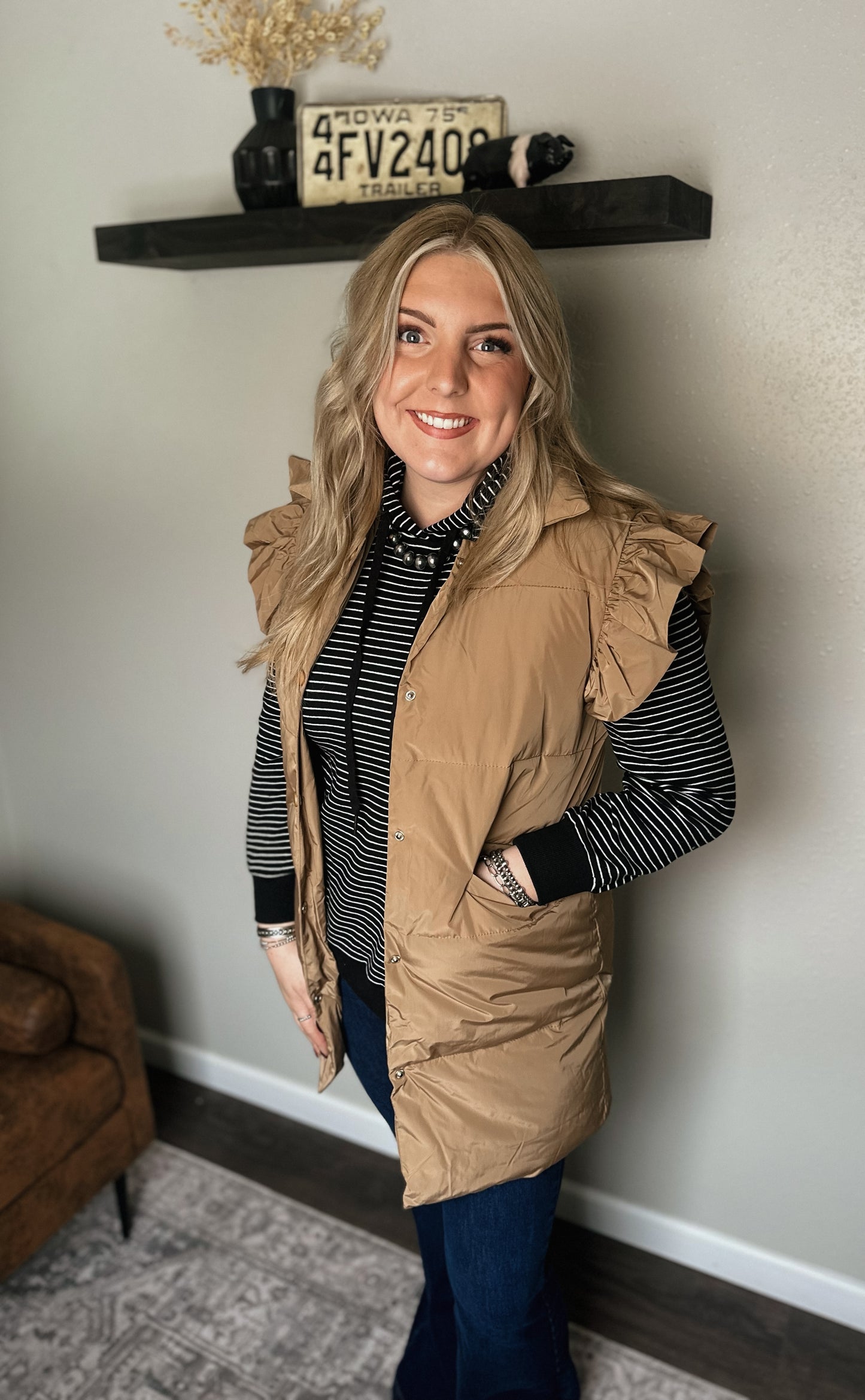 Mocha Ruffle Long Vest