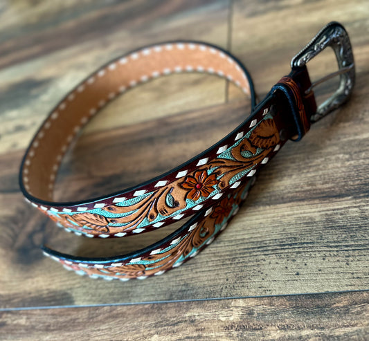Flower n’ Turquoise Leather Belt