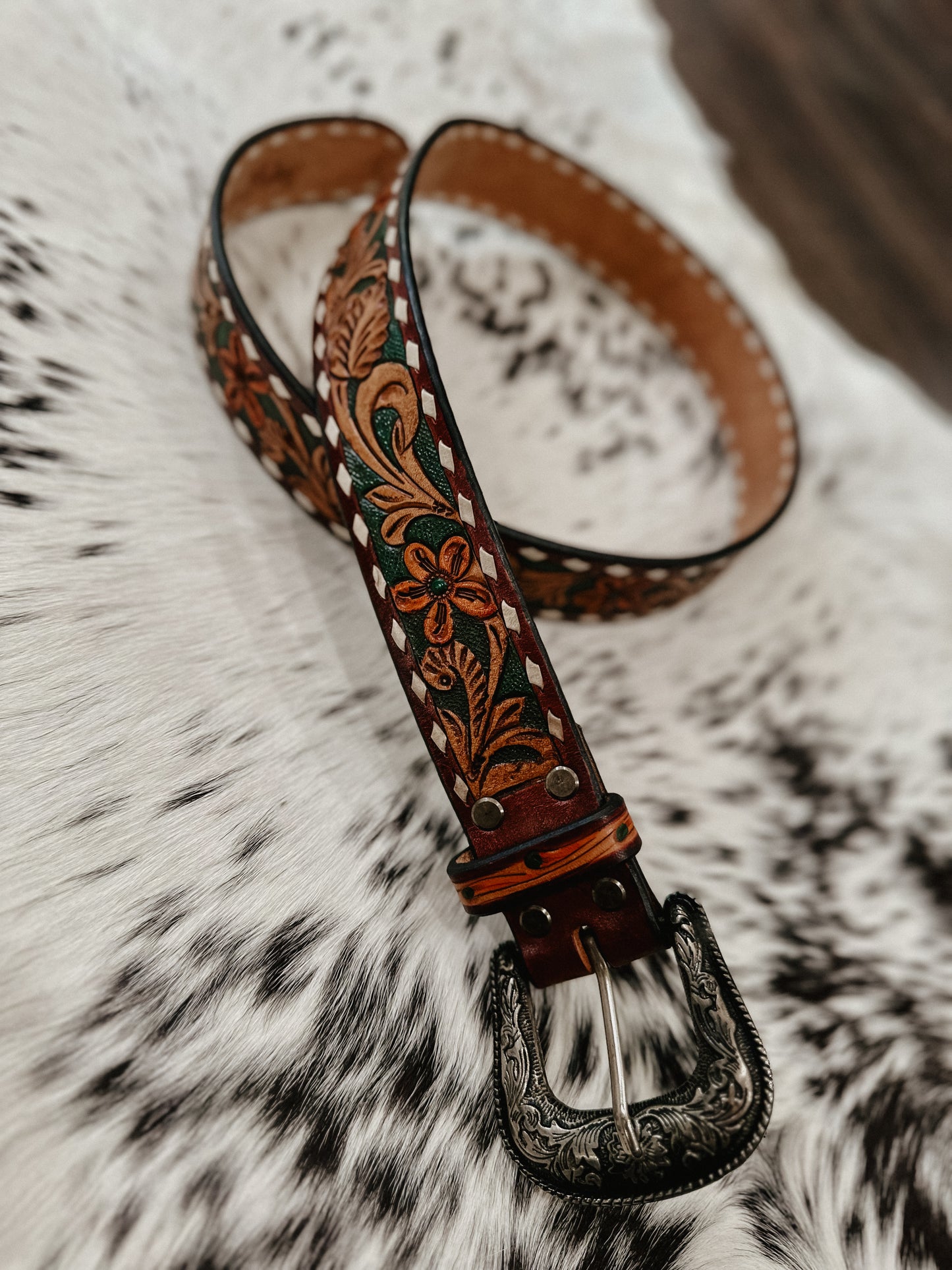 Floral Emboss Leather Belt