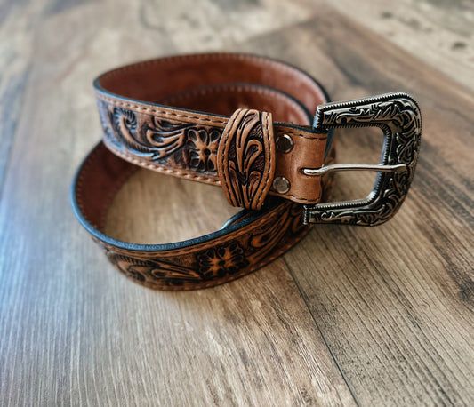 Natural Tooled Leather Belt