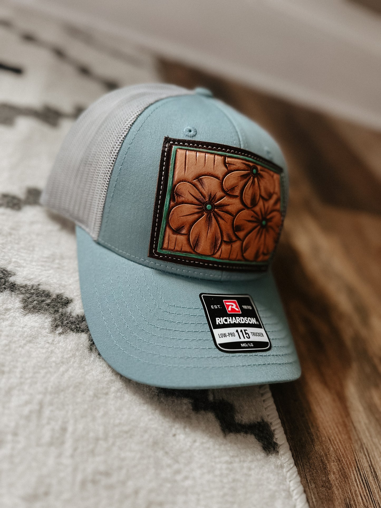 Blue Hand Tooled Leather Cap