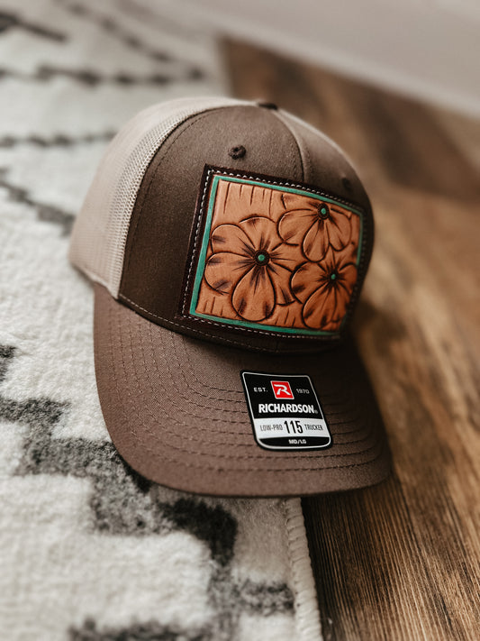 Brown Hand Tooled Leather Cap