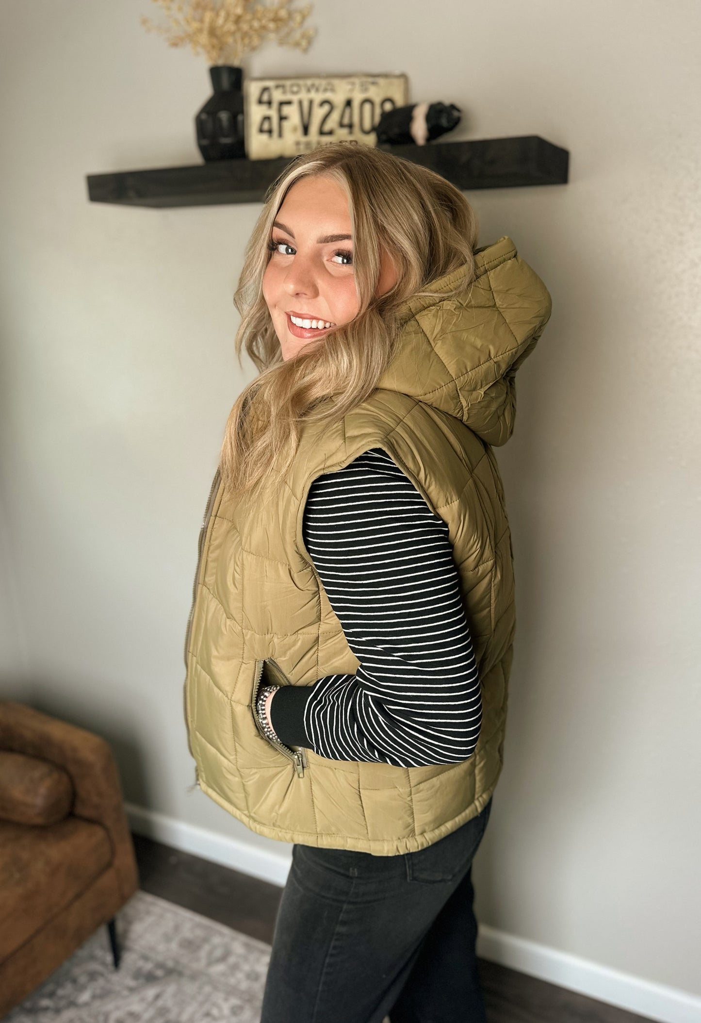 Olive Hooded Puffer Vest