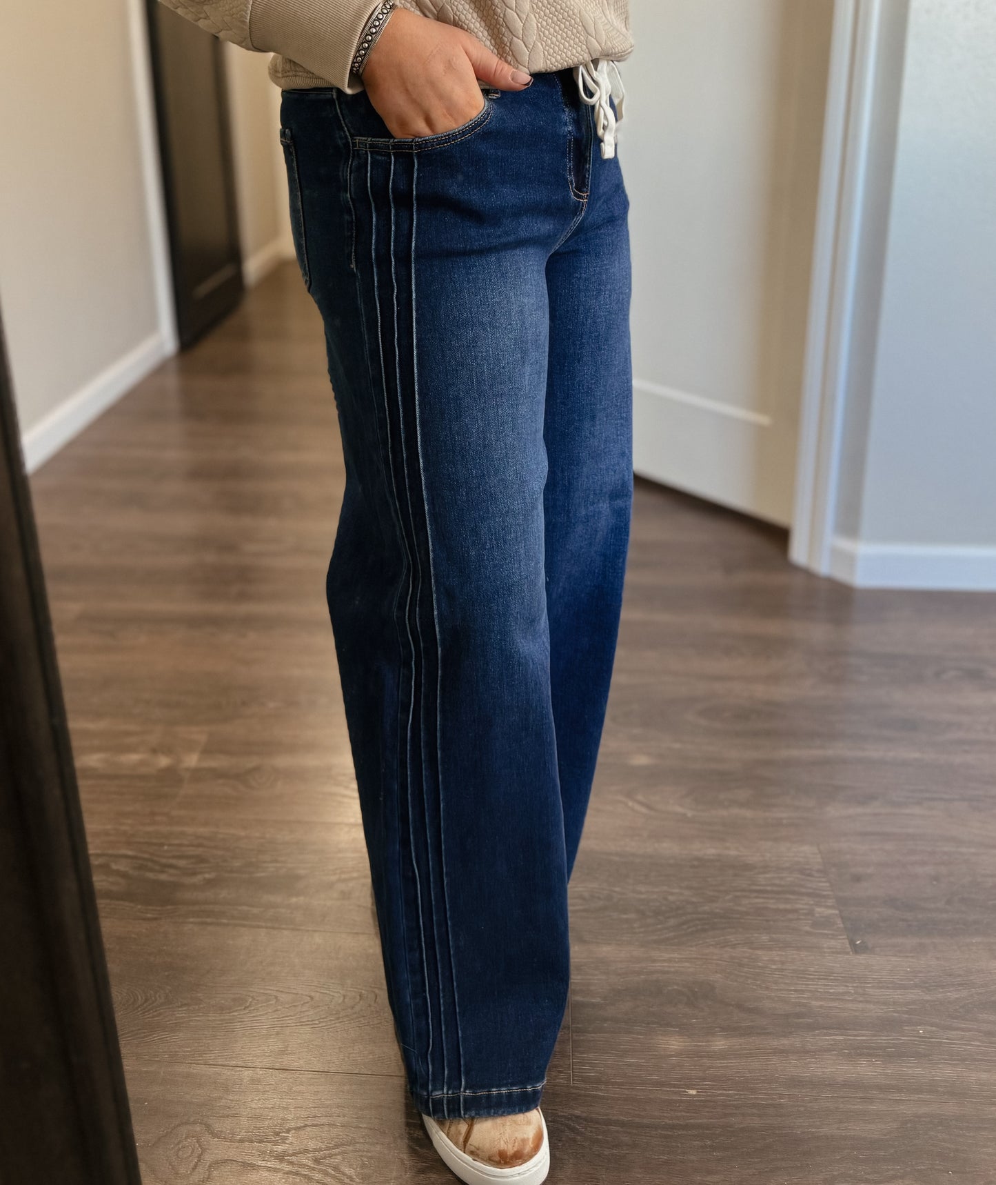 Risen | Mid Rise Drawstring Pintuck Wide Leg