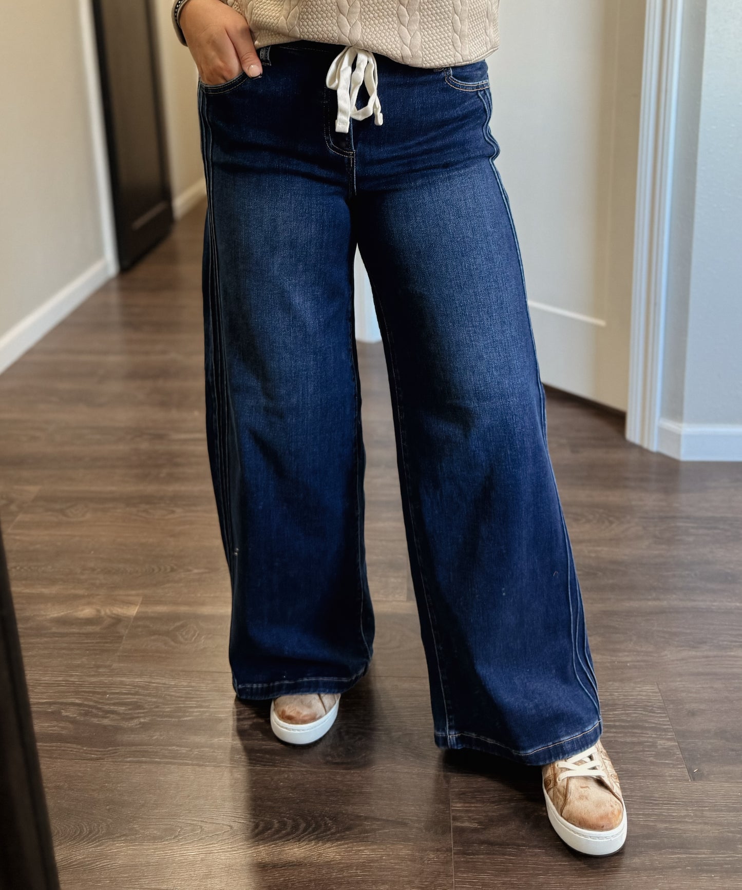Risen | Mid Rise Drawstring Pintuck Wide Leg