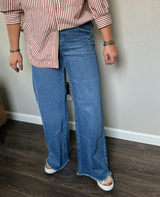 Risen | Austin Mid Rise Fray Hem Wide Leg
