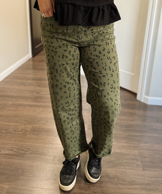 Macy Leopard High Rise Pant - Olive